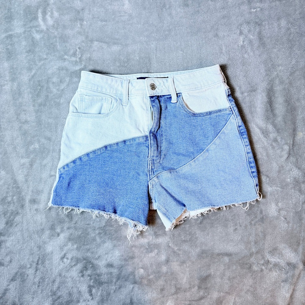 Hollister W26 Size 3 Ultra High-Rise Mom Shorts Blue Patchwork Denim